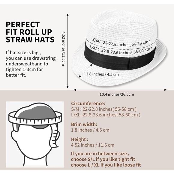 Unisex Straw Fedora Trilby Hat UPF 50+ Packable Summer Beach Sun Hat Size L/XL - Picture 3 of 8